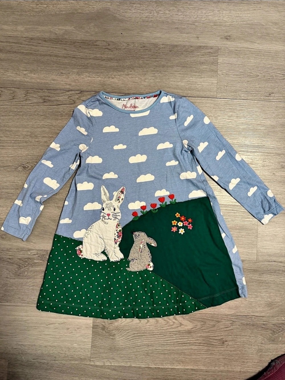 Mini Boden Girls Blue Cloud Bunny Applique Long Sleeve Dress Size 6-7Y 122cm
